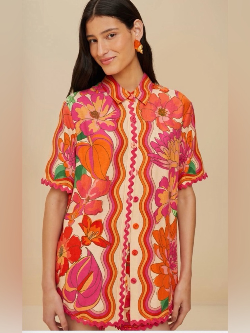 Farm Rio Beige Spring Affair Shirt